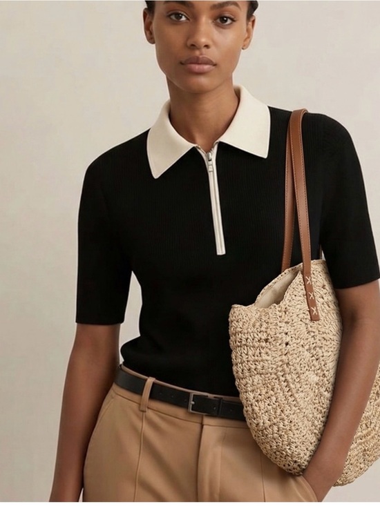 Handbags - Black Knit Polo Top with White Collar